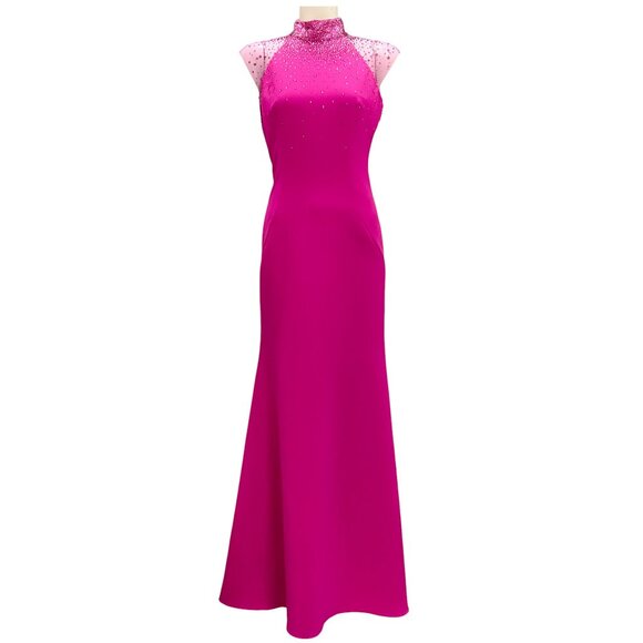 Jenny Packham Fuchsia Rhinestone Embellished Mesh Tulle Detail Crepe Gown - Picture 1 of 5